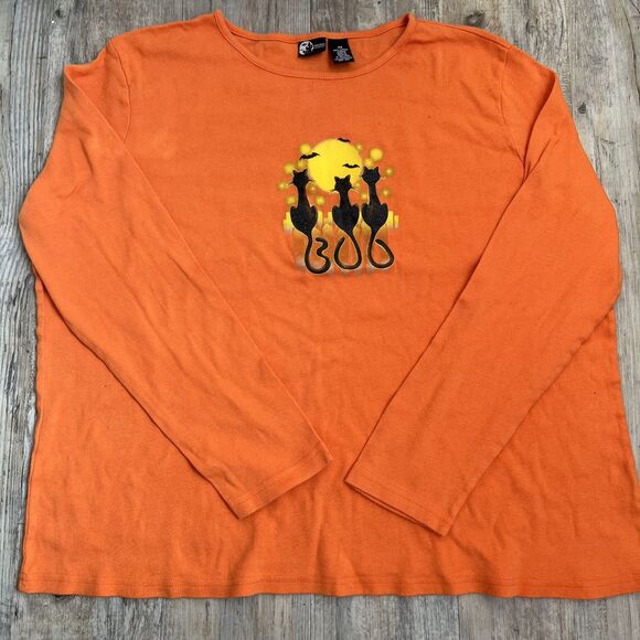 Halloween T-Shirt 2X Orange and Black Cats Moon Vintage Long Sleeve Spooky - Picture 1 of 7